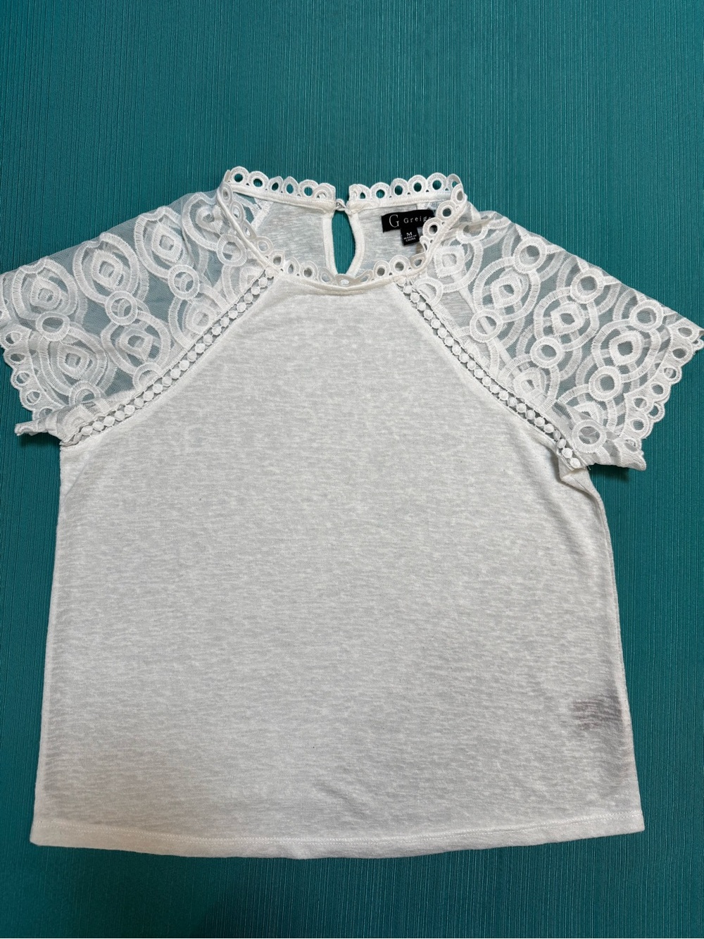 Greige Women’s White Lace Blouse High Neck Keyhole Cap Sleeve, Size M